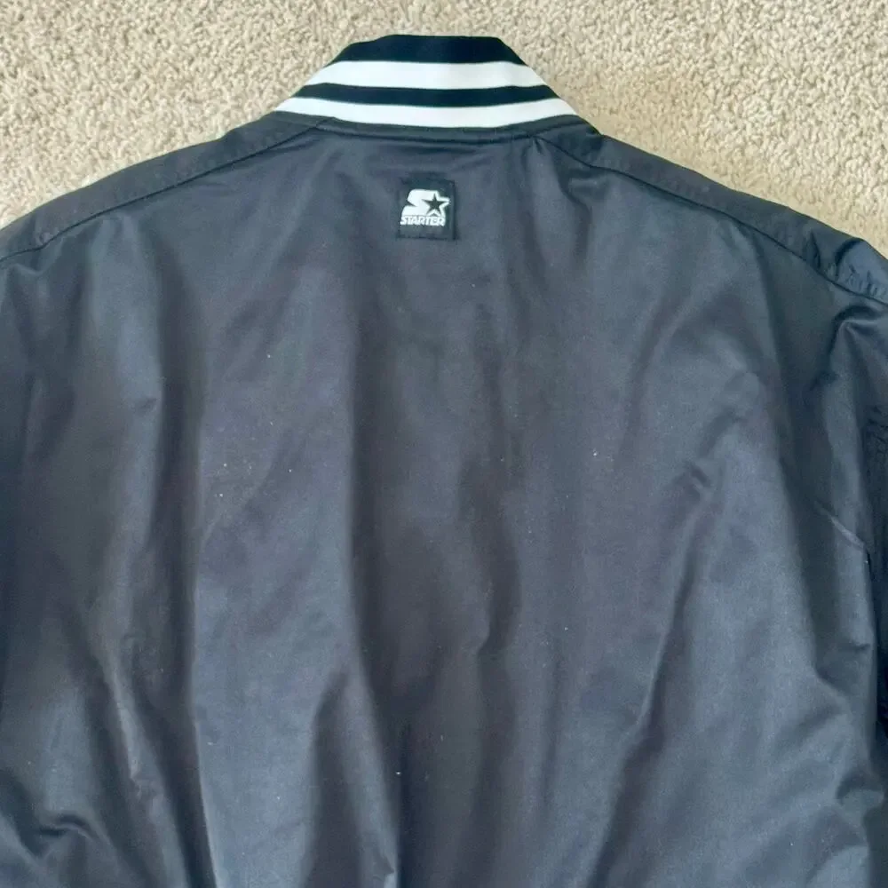 Starter Varsity Jacket Bomber Snap Front Satin Logo Retro Small Black NEW